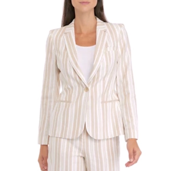 NWT Calvin Klein cotton blend jacket blazer striped tan/white women size 6 - Picture 1 of 10